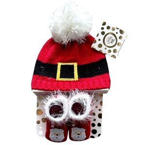 Little Me 0-12 Month Holiday Santa Knit Hat & Bootie Set NWT
